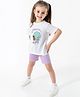 Nauti Nati Cotton Half Sleeves Beach Day Text & Baby Elephant Printed Tee & Shorts Set - White & Lavender