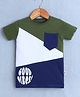 BUMZEE Cotton Knit Half Sleeves Color Block & Text Printed Cut & Sew T-Shirt - Olive Green White & Navy Blue