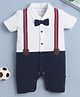 BUMZEE Cotton Knit Half Sleeves Bow Applique & Attached Suspender Printed Party Romper - Navy Blue & White