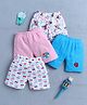 BUMZEE Cotton Knit Above Knee Length Koala & Fruit Printed Shorts Pack of 4 - Blue Pink & White