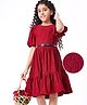 Hola Bonita Knit Half Sleeves Textured Fabric Solid Frock With Belt - Red