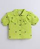 Aww Hunnie 100% Cotton Half Puffed Sleeves Floral Embroidered Frill Detailed Shirt Style Top - Green