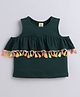 Aww Hunnie 100% Cotton Lycra Cold Shoulder Tassels & Frill Detailed Top - Green