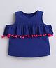 Aww Hunnie 100% Cotton Jersey Cold Shoulder Pom Pom & Frill Detailed Top - Blue