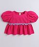 Aww Hunnie 100% Cotton Half Puffed Sleeves Tassels Detailed Peplum Top - Pink