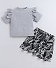 Aww Hunnie Cotton Jersey Half Sleeves Frill Detailed Top & Leaves Printed Skirt Set - Grey