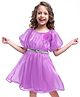 Hola Bonita Woven Half Sleeves Shiny Fabric Frock With Floral Applique & Belt - Lavender