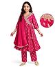 EARTHY TOUCH Woven Three Fourth Sleeves Kurti Churidar Set with Dupatta Floral Glitter Print & Lace Detailing - Dark Pink