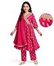 EARTHY TOUCH Woven Three Fourth Sleeves Kurti Churidar Set with Dupatta Floral Glitter Print & Lace Detailing - Dark Pink