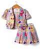 Enfance Fruits Printed Spaghetti Top With Half Sleeves Jacket & Coordinating Pleated Skirt - Multi Colour