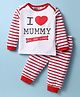 Mini Taurus Sinker Knit Full Sleeves Night Suit with Stripes & I love Mommy Print - Red & White