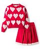 Yellow Apple Knit Full Sleeves Winter Wear Top & Skirt Set with Heart Design - Red