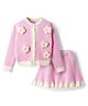 Yellow Apple Knit Full Sleeves Top & Skirt Set With Floral Applique - PInk