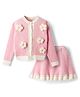 Yellow Apple Knit Full Sleeves Top & Skirt Set With Floral Applique - PInk