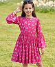 Arias Knit Full Bell  Sleeves Frock With Bow Print - Pink
