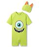 KIDLINGSS Half Sleeeves Monster Face Printed Legged Swimsuit With Cap - Neon Green