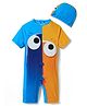 KIDLINGSS Half Sleeves Colour Blocked & Eyes Printed Legged Swimsuit With Cap Set - Blue & Orange