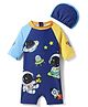 KIDLINGSS Half Raglan Sleeves Space Theme Printed Legged Swimsuit With Cap Set - Blue