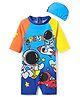 KIDLINGSS Half Raglan Sleeves Space Theme Legged Swimsuit With Cap Set - Light Blue