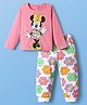 Kookie Kids Disney Single Jersey Knit Full Sleeves Night Suit With Minnie Mouse Print - Pink & White
