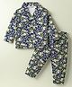 Little Darlings Interlock Knit Full Sleeves Floral Printed Front Open Co-Ords Night Suit - Navy Blue
