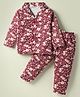 Little Darlings Interlock Knit Full Sleeves Floral Printed Front Open Co-Ords Night Suit - Maroon