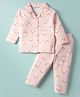 Little Darlings Interlock Knit Full Sleeves Owl Printed Front Open Co-Ords Night Suit - Light Pink