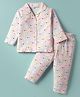 Little Darlings Interlock Knit Full Sleeves Teddy Bear Printed Front Open Co-Ords Night Suit - Pink