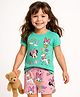 Kookie Kids Disney Single Jersey Knit Half Sleeves Shorts Night Suit With Minnie Mouse Print - Sea Green & Pink