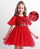 Hola Bonita Knit Flutter Sleeves Mesh Party Dress With Belt & Sequin Detailing - Red