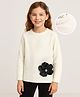 Arias Knit Raglan Full Sleeves Pullover Sweater With Flower Applique - White
