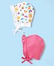 Babyhug 100% Cotton Knit Bonnet Bonnet Caps with Polka Dot & Tropical Print Pack of 2 Dark Pink & White - Diameter 15 cm