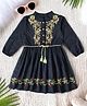 Bella Moda Cotton Three Fourth Puffed Sleeves Floral Embroidered Dress - Navy Blue