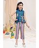 Lei-Chie Cotton Denim Sleeveless Feather Embroidered Shirt With Striped Capris - Peach