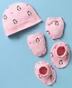 Peek-a-boo Cotton Knit Cap Mitten & Booties Set With Penguins Print Pink - Diameter 11.5 cm