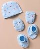 Peek-a-boo Cotton Knit Cap Mitten & Booties Set With Hearts & Star Print Light Blue - Diameter 11.5 cm