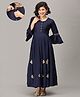 The Mom Store Cotton Half Bell Sleeves Foil Leaves Printed Maternity Dress With Nursing Access - Navy Blue