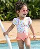 Babyhug Half Sleeves Printed V Cut Swimsuit - Pink