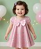 Babyoye Woven Half Sleeves Butterfly Printed Pleated Party Dress With Bow Applique - Pink