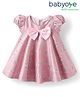 Babyoye Woven Half Sleeves Butterfly Printed Pleated Party Dress With Bow Applique - Pink
