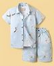Rikidoos Cotton Knit Half Sleeves Floral Printed Coordinating Shirt & Shorts With Inner Tee Set - Light Blue & White