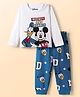 Kookie Kids Disney Single Jersey Knit Full Sleeves Night Suit With Mickey Mouse Graphics - White & Blue