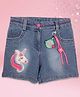 Cutecumber Denim Unicorn Sequins Embellished Mild Washed Shorts With Keychain - Blue