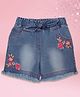 Cutecumber Floral Embroidered Mild Washed Denim Shorts - Blue