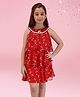 Cutecumber Georgette Sleeveless Floral Printed Sequins & Pom Pom Lace Embellished Layered Dress - Red