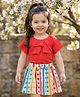 Babyhug Crinkle Knit Half Raglan Sleeves Top & Skirt Set with Bow Applique & Polka Dots Print - Red