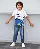 OLLINGTON ST. 100% Cotton Knit Half Sleeves Text Printed T-Shirt & Denim Joggers Set - Multicolor & Indigo