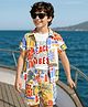 OLLINGTON ST. Knit Half Sleeves Co-Ord Set Floral & Text Printed Shirts & Shorts with T-Shirt -White Yellow & Orange