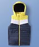 Pine Kids Woven Sleeveless Padded Hooded Jacket With Color Block Design - Navy Blue & Yellow