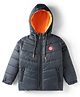 Pine Kids Woven Full Sleeves Hooded Padded Jacket With Kangaroo Pocket & Text Patch - Black
